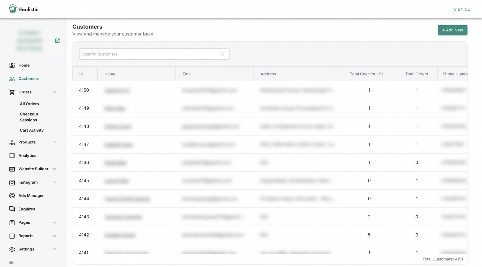 Haulistic customer management table with personal details anonymised