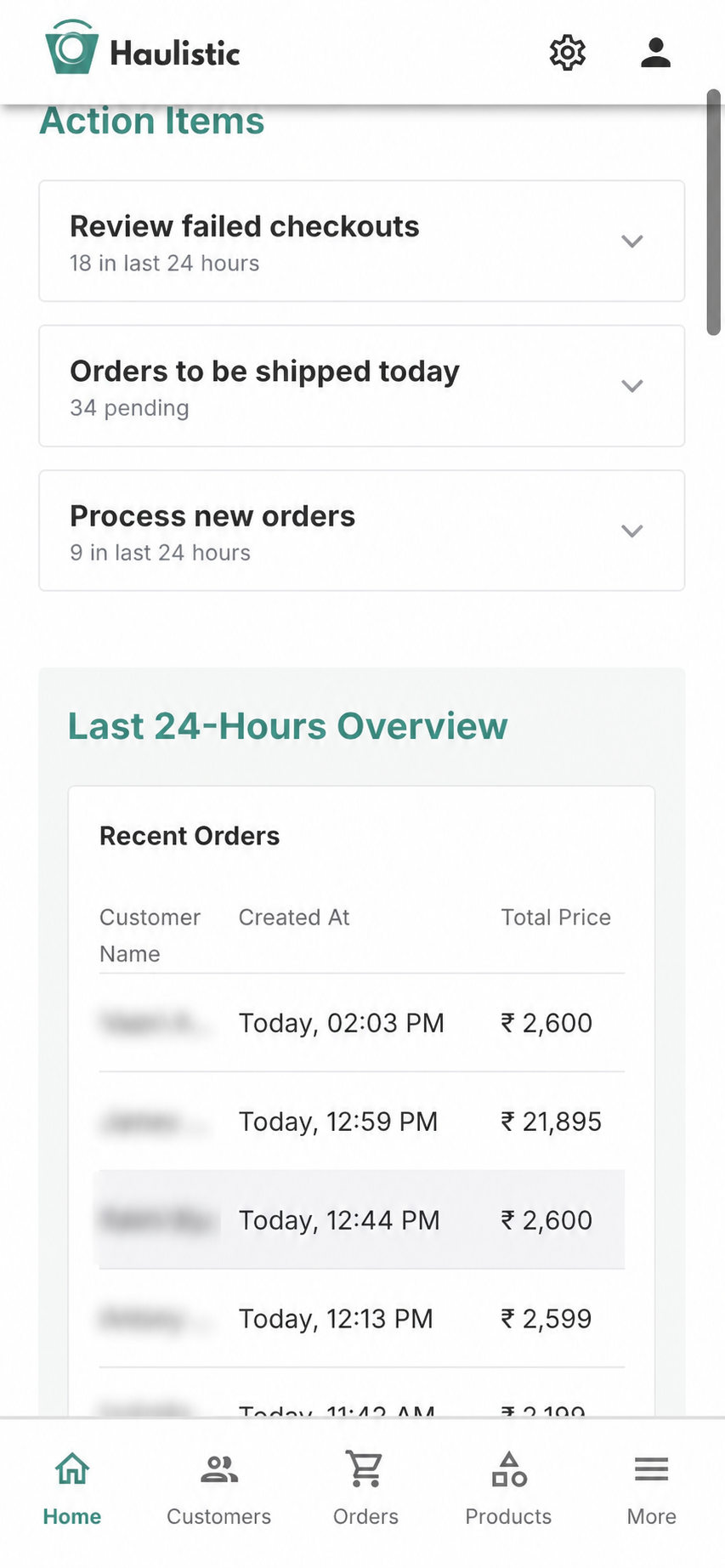 Haulistic mobile dashboard showing daily action items with names anonymised