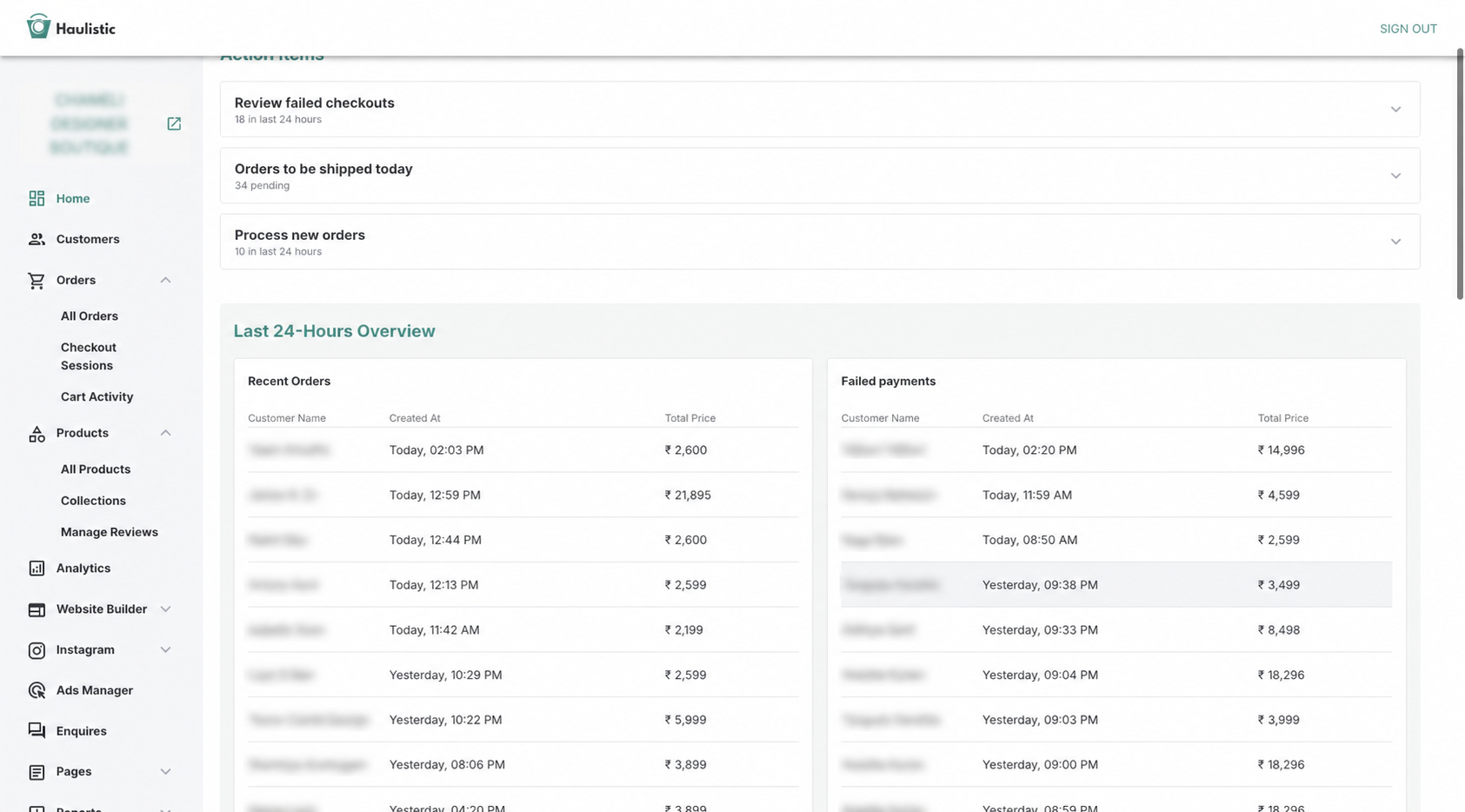 Haulistic dashboard showing daily action items and recent activity with names anonymised