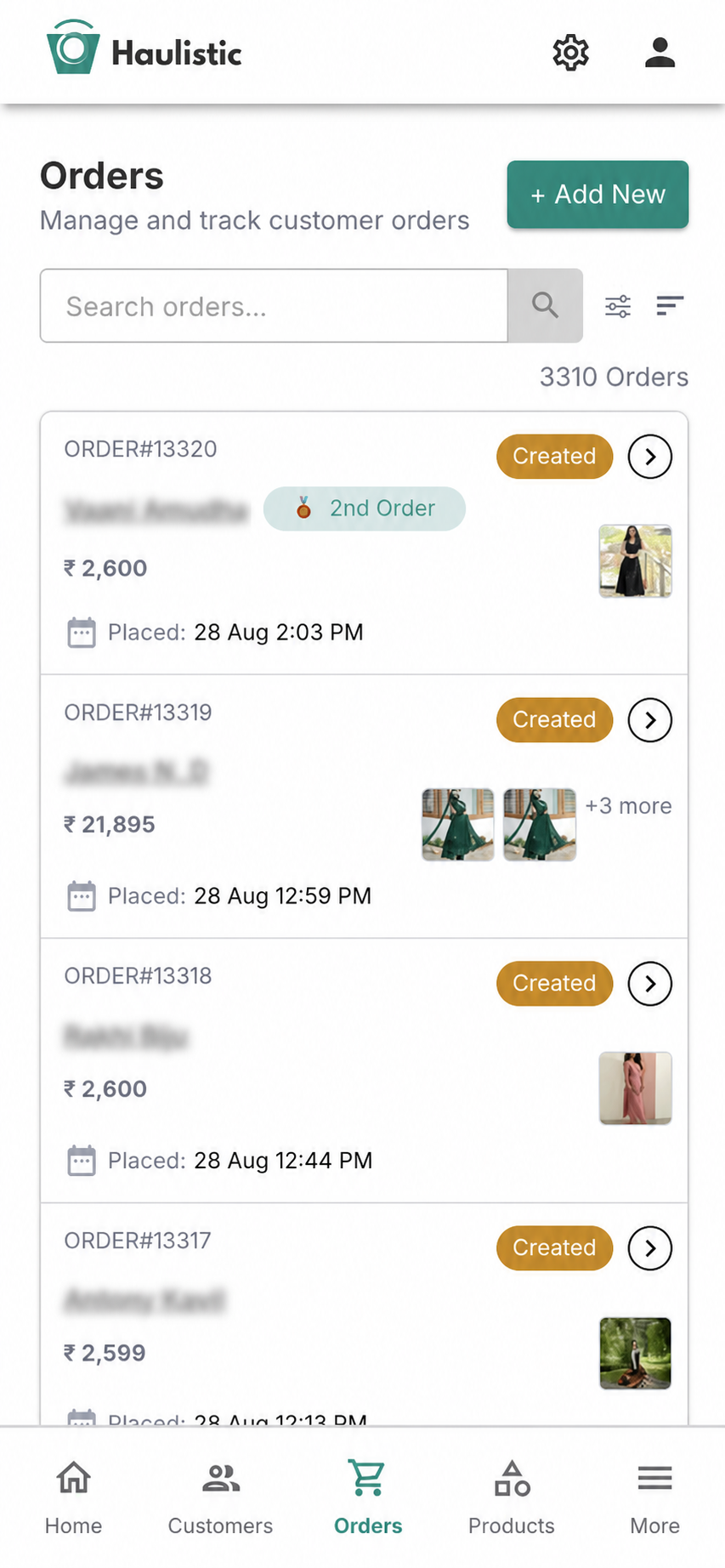 Haulistic mobile orders list with customer names anonymised
