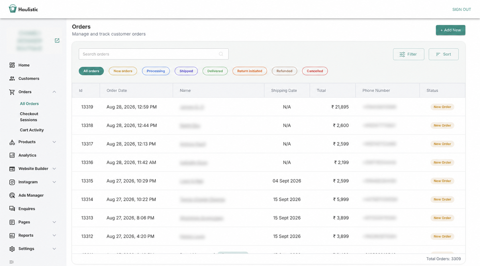 Haulistic order management table with customer names and phone numbers anonymised