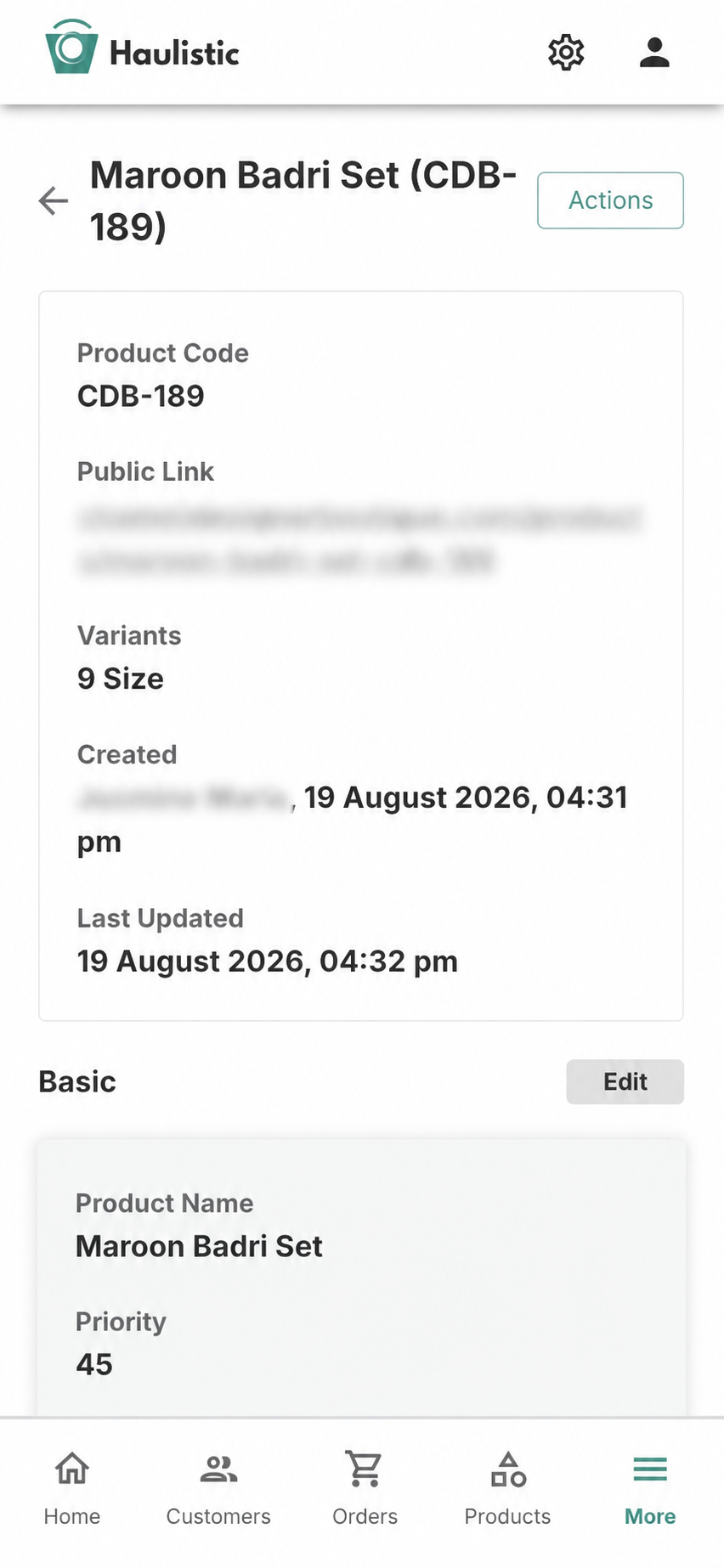 Haulistic mobile product details screen with merchant details anonymised