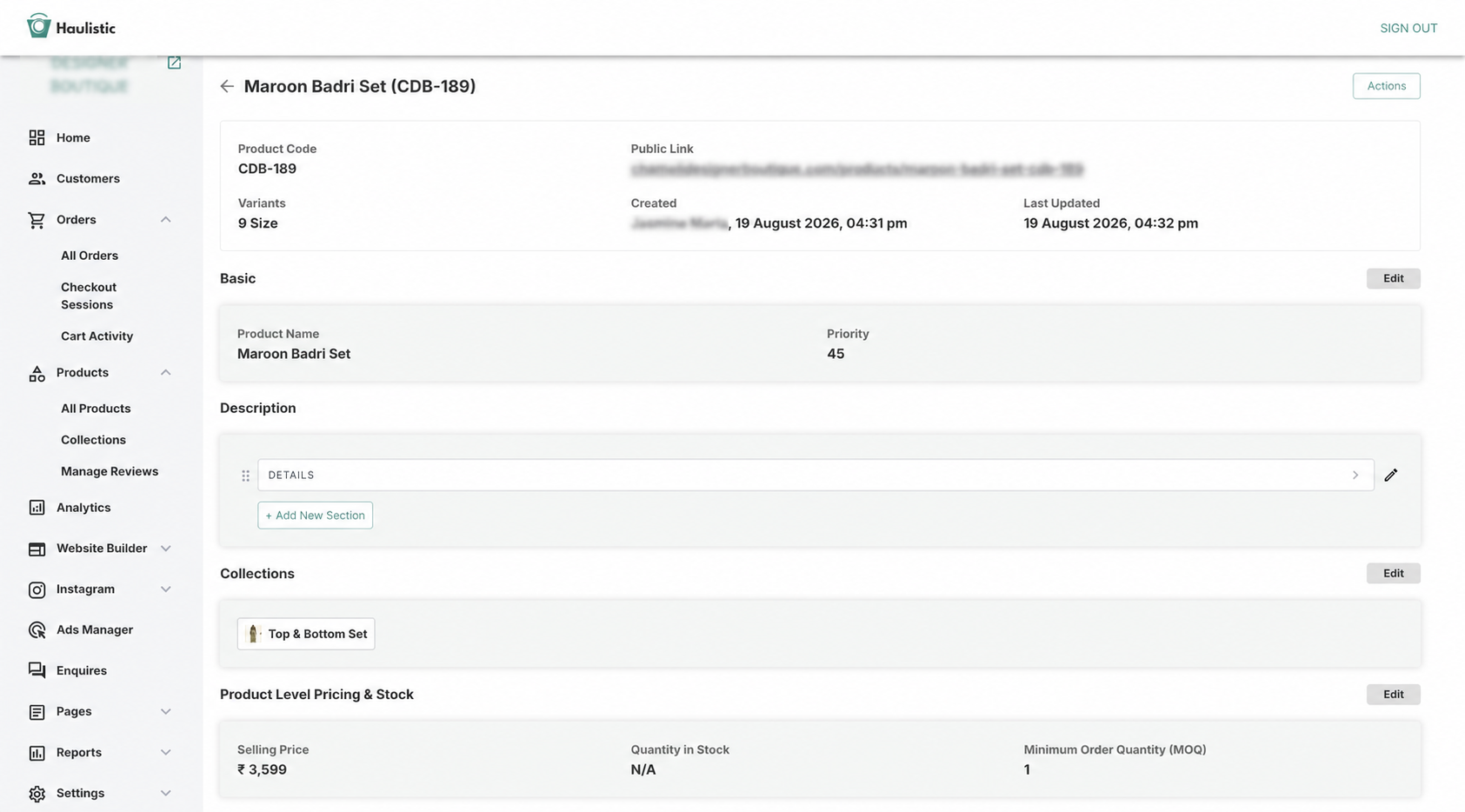 Haulistic product details dashboard with merchant details anonymised